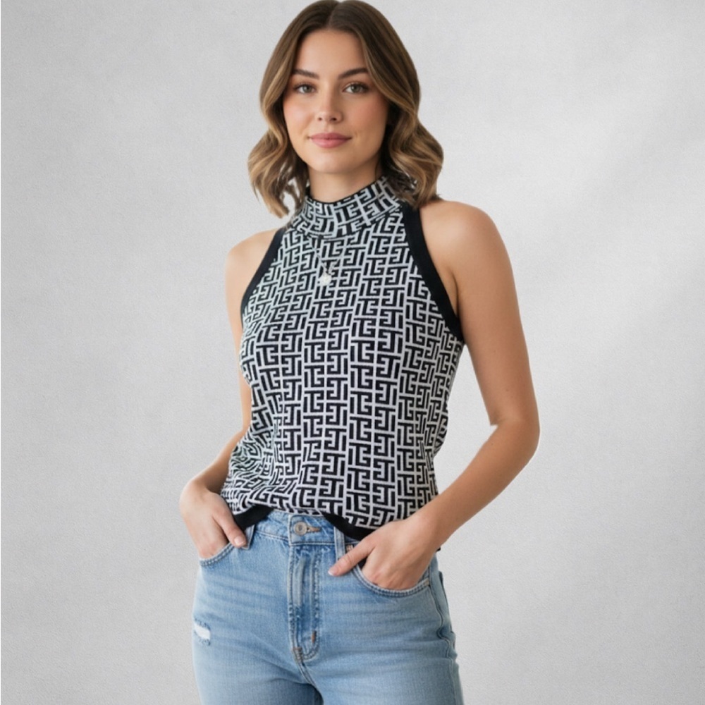 Sioni Women’s Sleeveless Knit Mock Neck Top Size L Black White Geometric